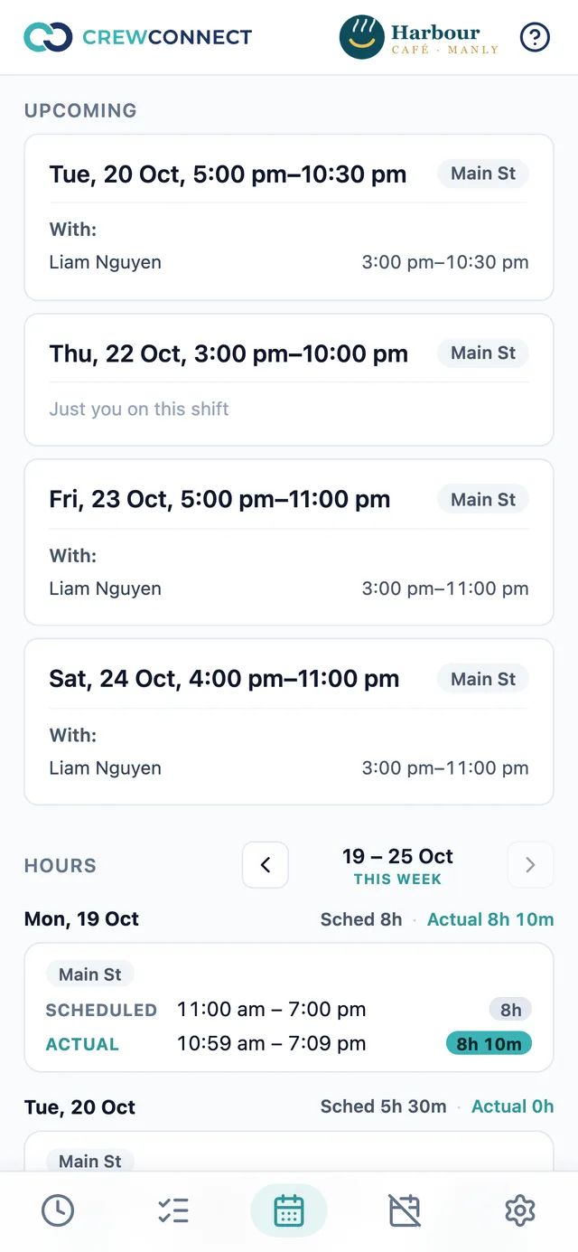 Upcoming shifts with teammates and this week's hours