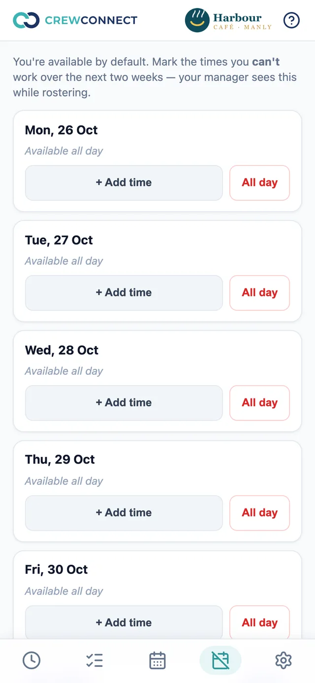 Time off: mark the times you can't work