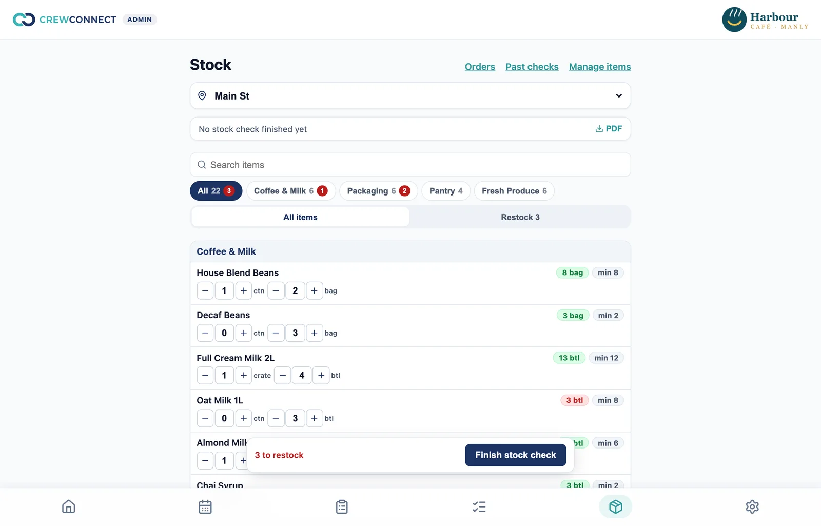 Stock levels by category with on-hand and minimum chips